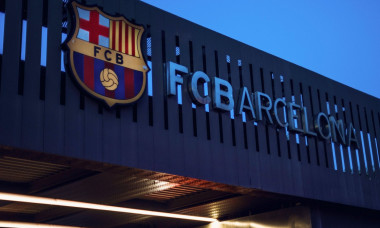 Barcelona, Spain. 26th Aug, 2020. View of the FC Barcelona logo at the Camp Nou stadium after the six-time world footballer Messi announced that he wanted to leave the club. "Together with the best player in history, we want to rebuild the team for the fu