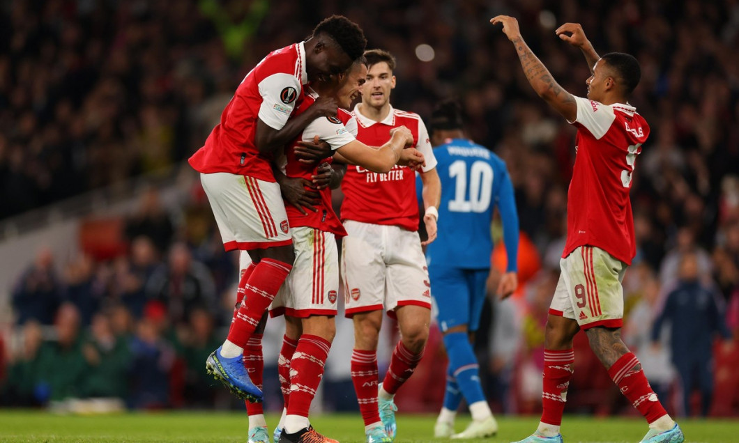 London, UK. 20th Oct, 2022. 20th October 2022; Emirates Stadium, London, England; Europa League Football, Arsenal versus PSV Eindhoven; Granit Xhaka of Arsenal celebrates with Bukayo Saka after his goal for 1-0 in the 70th minute Credit: Action Plus Spor