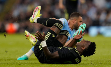 Manchester, England, 17th May 2023. Vinicius Junior of Real Madrid brought down by Kyle Walker of Manchester City during