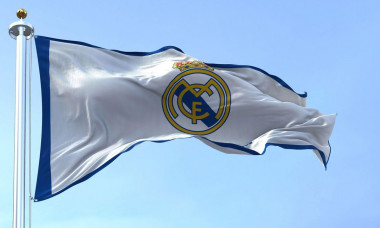 Madrid, Spain, June 2022: The Flag of Real Madrid waving in the wind on a clear day. Real Madrid is a Spanish professional football club based in Madr