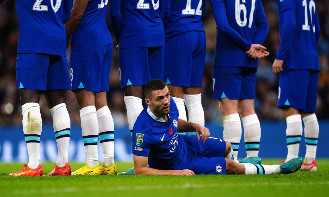 Chelsea's Mateo Kovacic lies at the feet of a defensive wall for a free kick during the Carabao Cup third round match at the Etihad Stadium, Manchester. Picture date: Wednesday November 9, 2022.