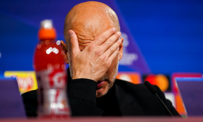 Munich, Germany. 19th Apr, 2023. MUNICH, GERMANY - APRIL 19: Coach Pep Guardiola of Manchester City reacts while attending a press conference after the UEFA Champions League Quarterfinal Second Leg match between FC Bayern Munchen and Manchester City at th