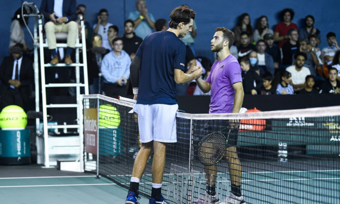 Paris, France. 29th Oct, 2022. Hugo Gaston and Marc-Andrea Husler during the Rolex Paris Masters, ATP Masters 1000 tennis tournament, on October 29, 2022 at Accor Arena in Paris, France. Photo by Victor Joly/ABACAPRESS.COM Credit: Victor Joly/Alamy Live N