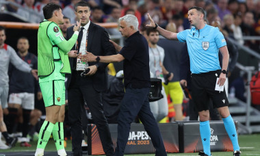Budapest, Hungary, 31st May 2023. Jose Mourinho Manager of AS Roma calms down the Roma bench as MichaelOliver indicates