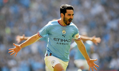 London, England, 3rd June 2023. Ilkay Gundogan of Manchester City celebrates scoring the first goal during the The FA Cu