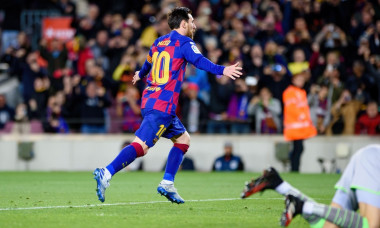 BARCELONA - MAR 7: Lionel Messi celebrates a goal at the La Liga match between FC Barcelona and Real Sociedad de Futbol at the Camp Nou Stadium on Mar