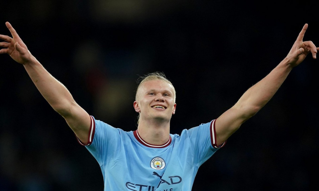 Manchester City's Erling Haaland celebrates scoring their side's second goal of the game, breaking the record for most goals in a Premier League season, during the Premier League match at the Etihad Stadium, Manchester. Picture date: Wednesday May 3, 2023