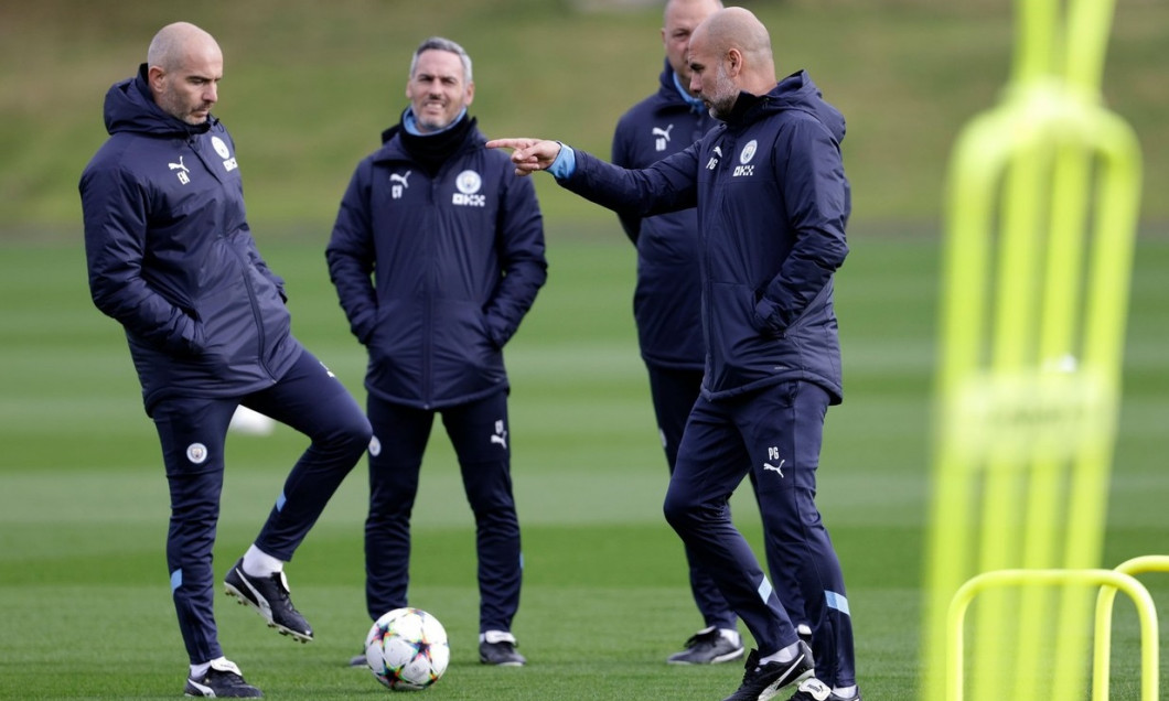 Manchester City manager Pep Guardiola with assistant Enzo Maresca (left) during a training session at the City Football Academy, Manchester. Picture date: Monday October 24, 2022.