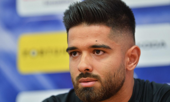 Mlada Boleslav, Czech Republic. 14th Aug, 2019. Ionut Vina, player of FCSB, attends the press conference prior to the Football Europa League 3rd qualifying round return match FC Mlada Boleslav vs FCSB in Mlada Boleslav, Czech Republic, August 14, 2019. Cr