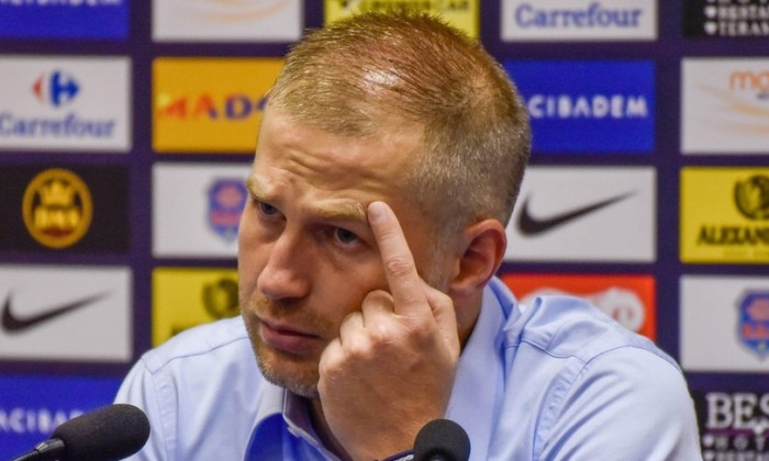 August 8, 2015: Edward Iordanescu, the coach of CS Pandurii Targu Jiu at the press briefing at the end of the Liga I game between Petrolul PLoiesti ROU and Pandurii Targu Jiu ROU at Ilie Oana Stadium, Romania ROU. Photo: Cronos/Catalin Soare