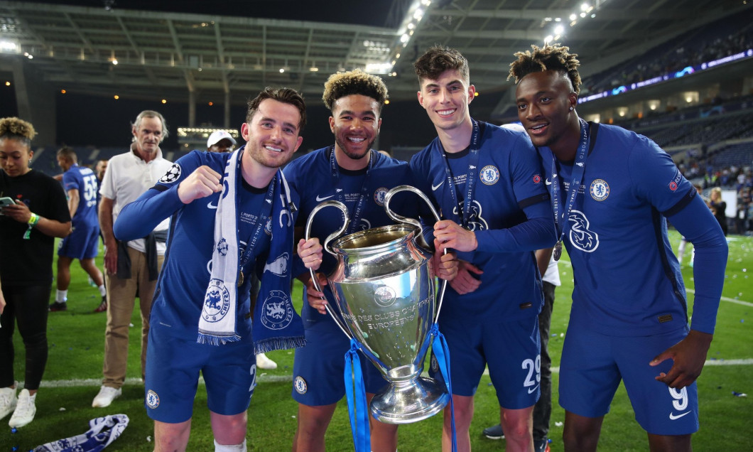 Chelsea's Ben Chilwell, Reece James, Kai Havertz and Tammy Abraham with the trophy following the UEFA Champions League final match held at Estadio do Dragao in Porto, Portugal. Picture date: Saturday May 29, 2021.