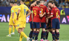 Bucurie a fotbalistilor spanioli dupa un gol marcat in meciul de fotbal dintre Romania U21, U 21 si Spania U21, contand