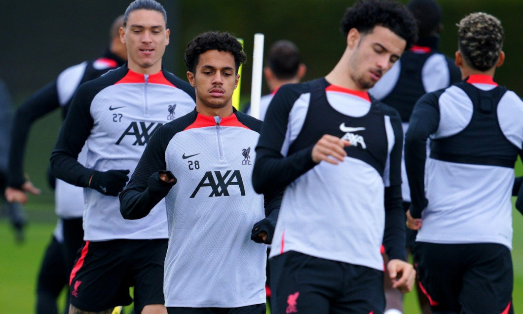 Liverpool's Fabio Carvalho and Darwin Nunez during a training session at the AXA Training Centre, Liverpool. Picture date: Tuesday October 11, 2022.