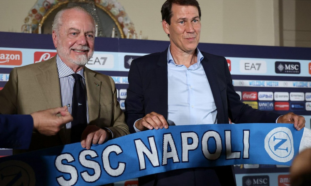 Naples, Italy. 19th June, 2023. Aurelio De Laurentiis President of SSC Napoli and Rudi Garcia head coach of SSC Napoli with a team scarf during the press conference to introduce the new SSC Napoli head coach at the Real museum di Capodimonte in Naples, Ju