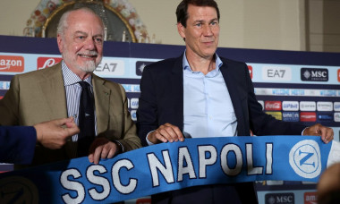 Naples, Italy. 19th June, 2023. Aurelio De Laurentiis President of SSC Napoli and Rudi Garcia head coach of SSC Napoli with a team scarf during the press conference to introduce the new SSC Napoli head coach at the Real museum di Capodimonte in Naples, Ju