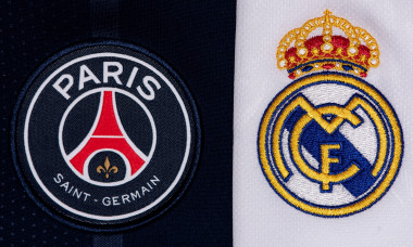 Close up of PSG &amp; Real Madrid Badge.
