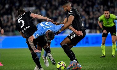 Rome, Italy. 08th Apr, 2023. Manuel Locatelli of Juventus FC, Sergej Milinkovic Savic of SS Lazio and Gleison Bremer of Juventus FC compete for the ball during the Serie A football match between SS Lazio and Juventus FC at Olimpico stadium in Rome (Italy)