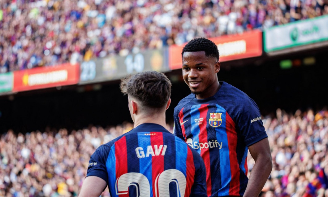 Barcelona, Spain. 28th May, 2023. Ansu Fati celebrates after scoring a goal during the LaLiga match between FC Barcelona and RCD Mallorca at the Spotify Camp Nou in Barcelona, Spain. Credit: Christian Bertrand/Alamy Live News