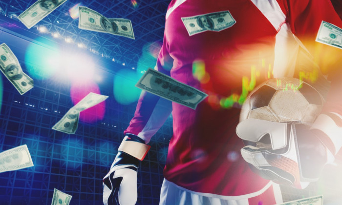 Soccer player with a falling banknotes and stats