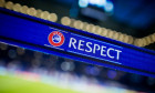 18 September 2018, North Rhine-Westphalia, Gelsenkirchen: Soccer: Champions League, FC Schalke 04 - FC Porto, Group stage, Group D, Matchday 1 in the Veltins Arena. "Respect" and the UEFA logo can be seen on a barrier tape before the match. Photo: Rolf Ve