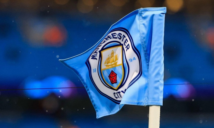 A Manchester City branded Corner Flag Ahead of the UEFA Champions League Quarter-Finals 1st Leg Manchester City vs Bayern Munich at Etihad Stadium, Manchester, United Kingdom, 11th April 2023(Photo by Conor Molloy/News Images)