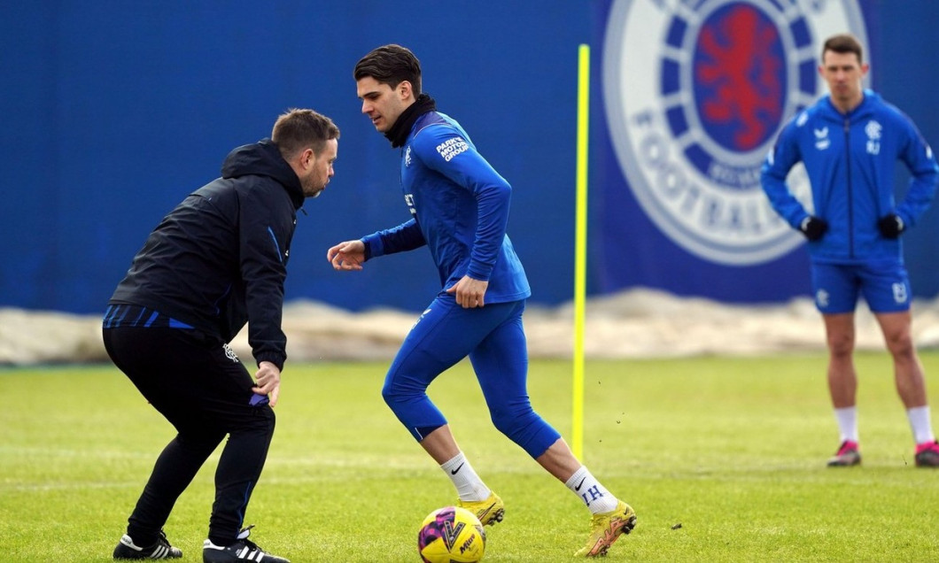 Rangers' Ianis Hagi with manager Michael Beale during a training session at Rangers Training Centre, Milngavie, East Dunbartonshire. Picture date: Friday January 27, 2023.