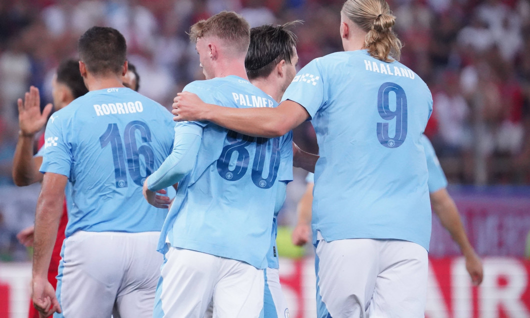 UEFA Super Cup 2023: Manchester City vs. Sevilla Cole Palmer scores and celebrates with teammate Erling Haaland during t