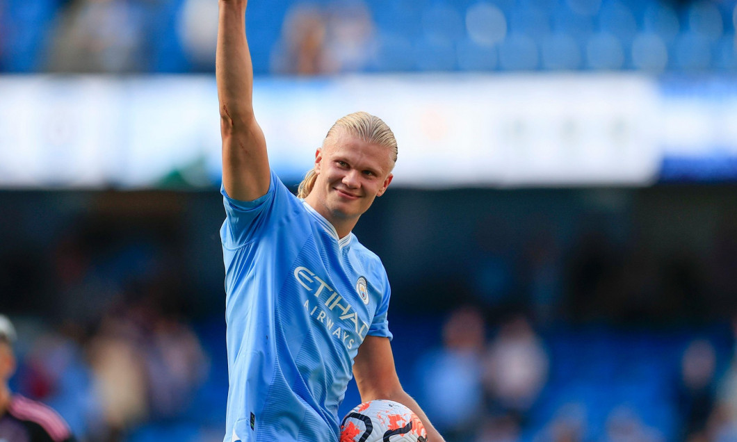 Erling Haaland #9 of Manchester City with the hat trick ball at the end of the Premier League match Manchester City vs Fulham at Etihad Stadium, Manchester, United Kingdom, 2nd September 2023(Photo by Conor Molloy/News Images)