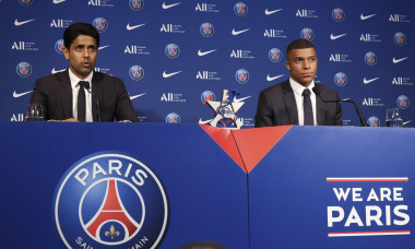 Paris, France, 23/05/2022, President of PSG Nasser Al Khelaifi, Kylian Mbappe of PSG during a press conference following the renewal of Mbappe&apos;s contract at Paris Saint-Germain until 2025, on May 23, 2022 at Parc des Princes stadium in Paris, France - Pho