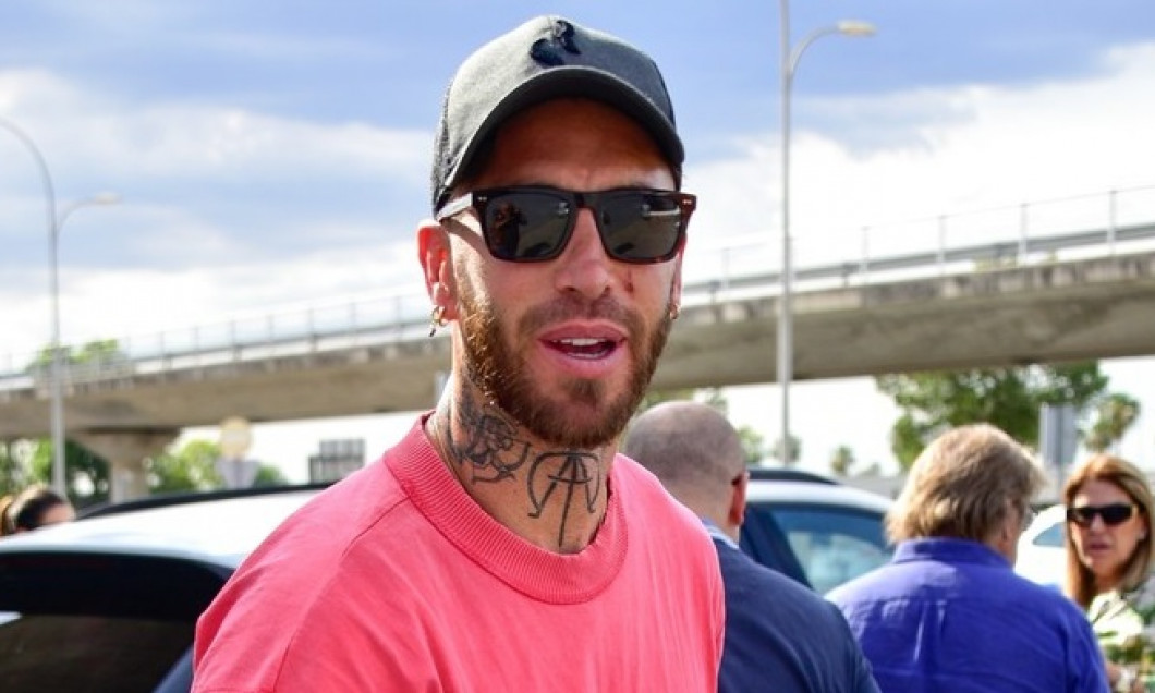 PSG Spanish footballer Sergio Ramos pictured with family members including mum, sister, and nephew landing back in Sevilla after playing his last game for club PSG where de scored a goal!