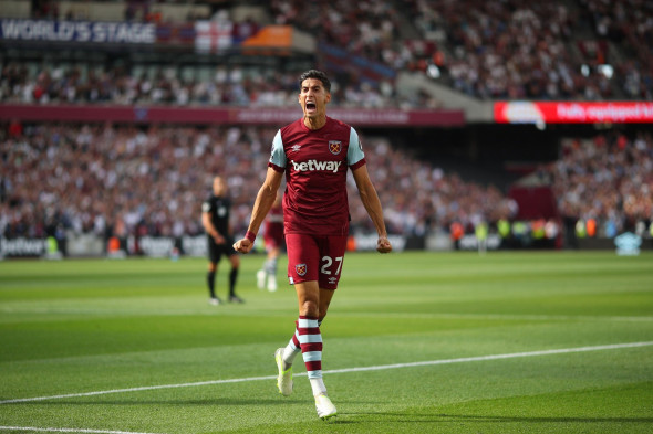 Nayef Aguerd of West Ham United celebrates after scoring a goal to make it 1-0 - West Ham United v Chelsea, Premier League, London Stadium, London, UK - 20th August 2023Editorial Use Only - DataCo restrictions apply