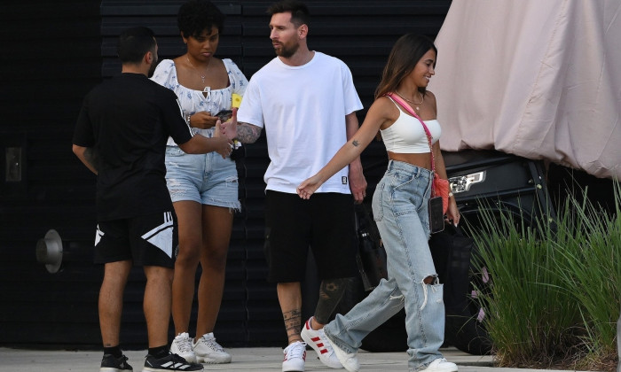 *EXCLUSIVE* Lionel Messi is seen with wife Antonella who has been going viral after his games! Fans can't get enough of the Argentinian stunner! **Web Must Call For Pricing**