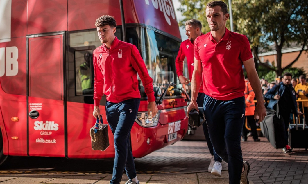 Neco Williams #7 of Nottingham Forest and Harry Toffolo #15 of Nottingham Forest arrives before the Premier League match Wolverhampton Wanderers vs Nottingham Forest at Molineux, Wolverhampton, United Kingdom, 15th October 2022(Photo by Ritchie Sumpter/