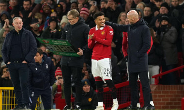 Manchester United's Jadon Sancho with manager Erik ten Hag as he comes off the bench to make a substitute appearance during the Carabao Cup semi-final, second leg match at Old Trafford, Manchester. Picture date: Wednesday February 1, 2023.