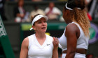 Wimbledon, London, UK. 13th July 2019. Serena Williams (right) congratulates Simona Halep winning the Ladies Singles Final between Serena Williams and Simona Halep at The Wimbledon Championships tennis, Wimbledon, London on July 13, 2019 Credit: Paul Marr