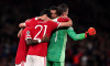 Manchester United's Cristiano Ronaldo, Edinson Cavani and goalkeeper David de Gea celebrate after the final whistle of the UEFA Champions League, Group F match at Old Trafford, Manchester. Picture date: Wednesday September 29, 2021.