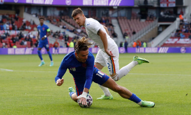 Middlesbrough, England, 6th June 2021. Jack Grealish of England brought down by Tiberiu Capusa of Romania to earn a penalty during the International Friendly match at the Riverside Stadium, Middlesbrough. Picture credit should read: Darren Staples / Sport