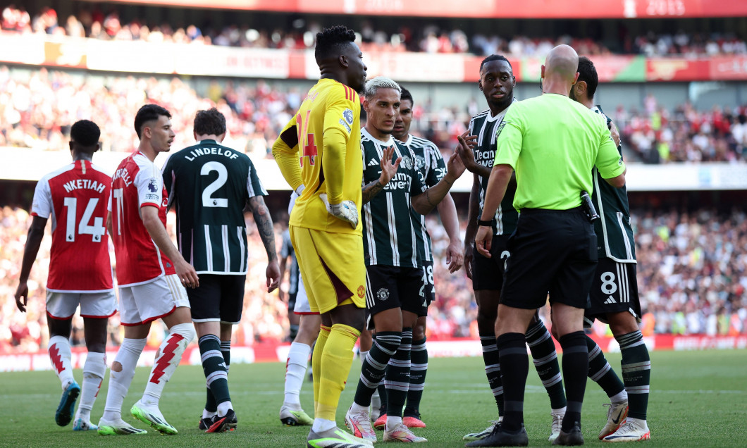 London, England, 3rd September 2023. Antony of Manchester United, ManU argues with referee Anthony Taylor after the awar