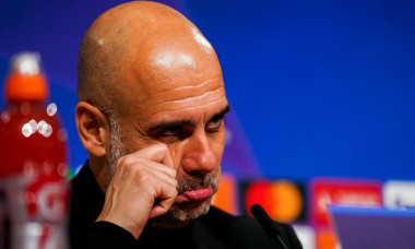 Munich, Germany. 19th Apr, 2023. MUNICH, GERMANY - APRIL 19: Coach Pep Guardiola of Manchester City reacts while attending a press conference after the UEFA Champions League Quarterfinal Second Leg match between FC Bayern Munchen and Manchester City at th