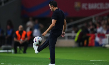 ESP: FC Barcelona, Barca Sevilla FC. La Liga EA Sports match. Date 8 FC Barcelona head coach Xavi Hernandez plays with t