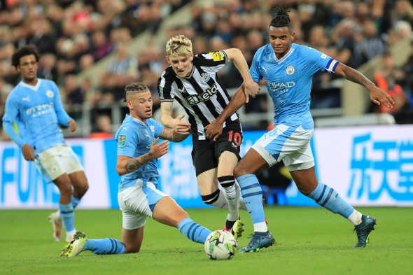 Newcastle United FC v Manchester City FC Newcastle United midfielder Anthony Gordon (10) battles with Manchester City mi