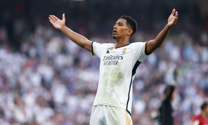 Jude Bellingham of Real Madrid celebrates a goal during the Spanish championship La Liga football match between Real Madrid and CA Osasuna on October 7, 2023 at Santiago Bernabeu stadium in Madrid, Spain