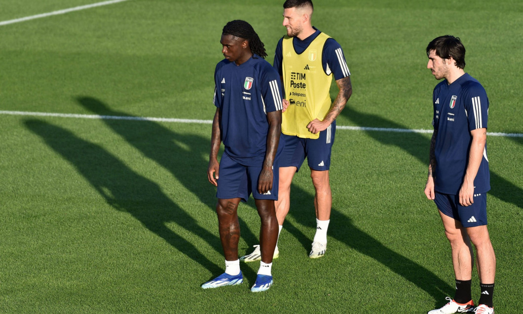 Italian player Moise Kean, Italian player Cristiano Biraghi and Italian player Sandro Tonali during Italy training sessi