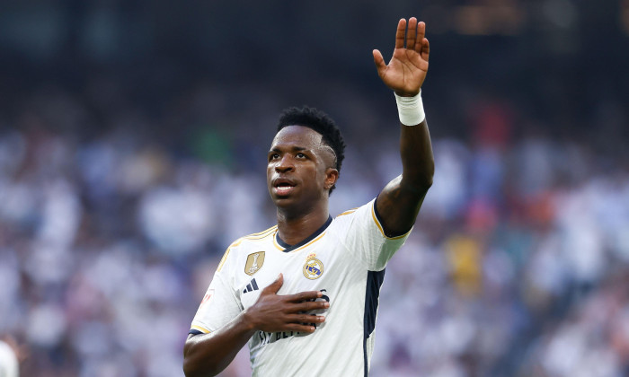 Vinicius Junior of Real Madrid celebrates a goal during the Spanish championship La Liga football match between Real Madrid and CA Osasuna on October 7, 2023 at Santiago Bernabeu stadium in Madrid, Spain