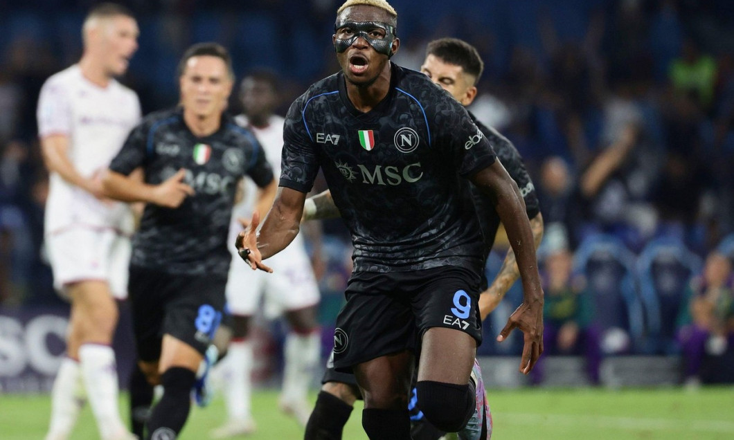 Naples, Italy. 08th Oct, 2023. Victor Osimhen of SSC Napoli celebrates after scoring the goal of 1-1 during the Serie A football match between SSC Napoli and ACF Fiorentina at Diego Armando Maradona stadium in Naples (Italy), October 8th, 2023. Credit: In