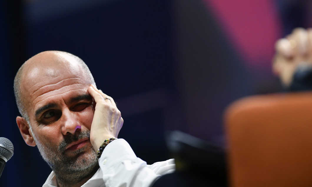 Pep Guardiola speaks at the "Dialogues on Talent" event In the Pic: Pep Guardiola on a Stage, Cuneo, Italy - 09 Oct 2023