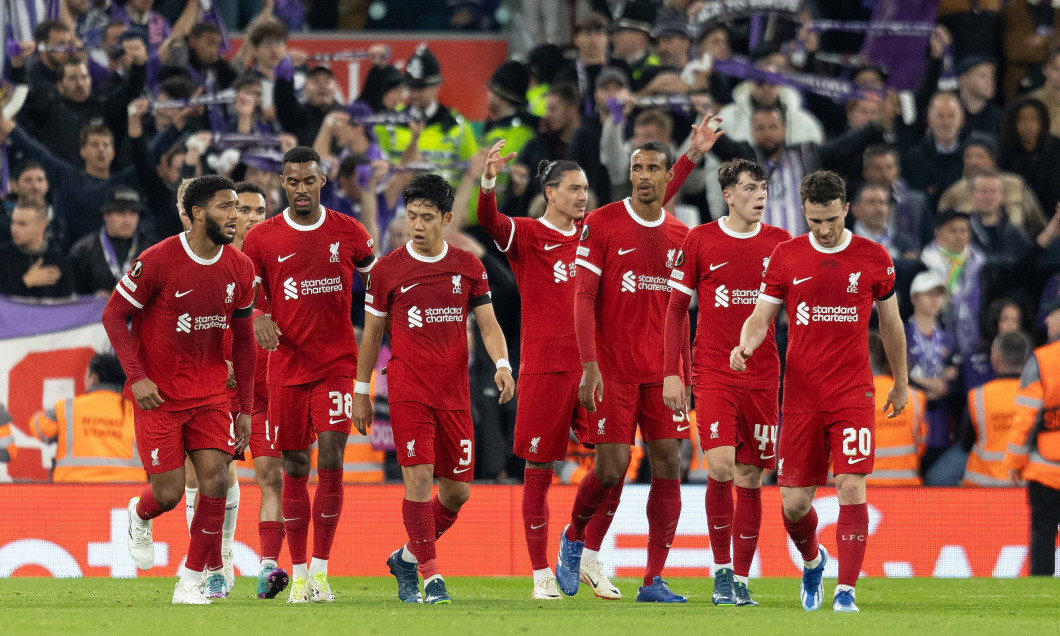 Liverpool v Toulouse Europa League 26/10/2023. GOAL 3-1 Liverpool forward Darwin Nunez (9) scores and celebrates during