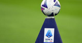 Tim Seria A ball and the logo during the Italian Serie A football match AC Milan vs Bologna at San Siro stadium in Milan, Italy on 27/08/22