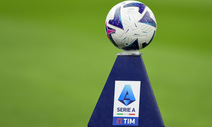 Tim Seria A ball and the logo during the Italian Serie A football match AC Milan vs Bologna at San Siro stadium in Milan, Italy on 27/08/22