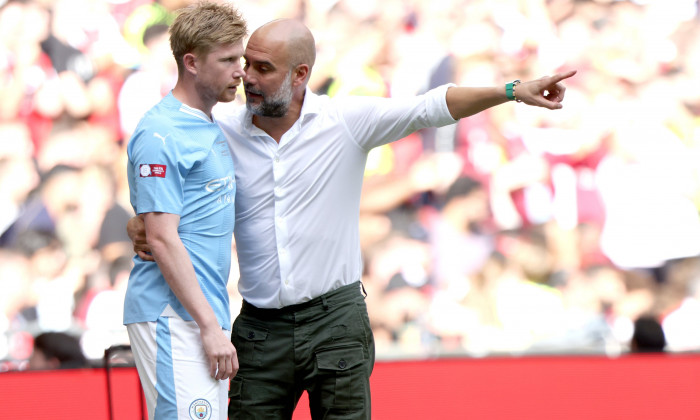 Kevin De Bruyne (MC) and Pep Guardiola (Man City manager) at the FA Community Shield Arsenal v Manchester City match at